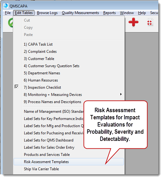 Risk Assessment Template menu